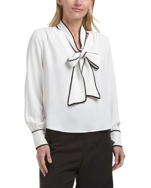 TJ Maxx Long Sleeve Popover Blouse With Scarf And Contrast Piping Details For Polyester - White