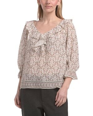 TJ Maxx Three-Quarter Sleeve Ruffle Front Blouse For Spandex/Polyester - Natural
