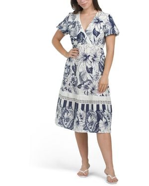 TJ Maxx Linen Blend Puff Sleeve Floral Midi Dress For Cotton/Linen - Blue