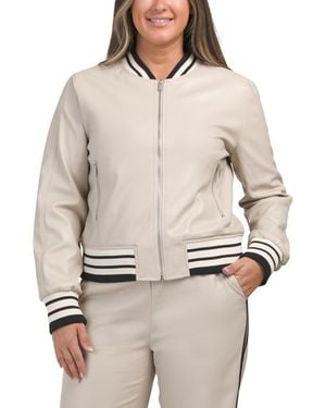 TJ Maxx Faux Leather Bomber Jacket With Striped Trim, Polyester/Leather - Natural