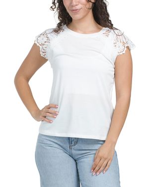 TJ Maxx Lace Cap Sleeve Crew Neck Top, Modal/Cotton/Polyester - White