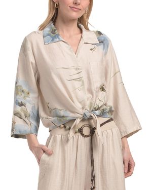 TJ Maxx Linen Blend Tie Hem Printed Top For Nylon/Linen - Natural