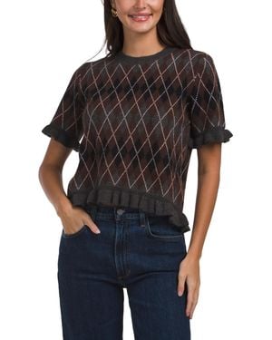 TJ Maxx Short Sleeve Argyle Sweater With Ruffle Trim, Nylon/Polyester/Acrylic - Black