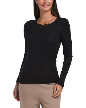TJ Maxx Wool And Silk Blend Long Sleeve Top With Embroidery For - Black