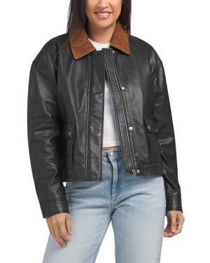 TJ Maxx Genuine Leather Bomber With Corduroy Collar For Polyester/Leather - Gray