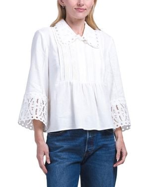 TJ Maxx Linen Blend Three-Quarter Sleeve Wide Collar Top With Lace Cuffs For Cotton/Linen/Viscose - Natural