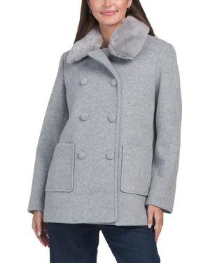 TJ Maxx Double Breasted Faux Fur Collar Coat, Polyester/Rayon - Gray