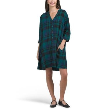 TJ Maxx Linen Blend Plaid Mini Shirt Dress For Linen/Rayon - Green