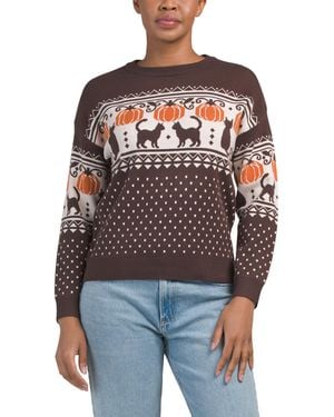 TJ Maxx Crew Neck Jacquard Cat And Pumpkin Sweater, Nylon/Polyester/Rayon - Red