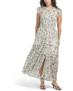 TJ Maxx Floral Printed Chiffon Maxi Dress With Ruched Bodice For Spandex/Polyester - White