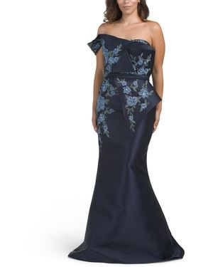 TJ Maxx One Shoulder Embroidered Floral Applique Gown For Polyester - Blue