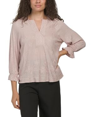 TJ Maxx Split Neck Embroidered Below Elbow Sleeve Top For Spandex/Rayon - Natural