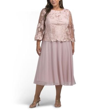 TJ Maxx Plus Embroidered Tea-Length Dress With Illusion Sleeves For Polyester - Pink