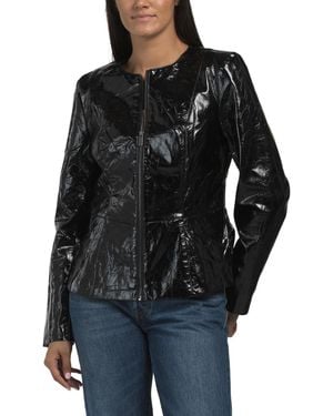 TJ Maxx Faux Patent Leather Peplum Zip Jacket, Cotton/Polyester/Leather - Black