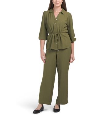 TJ Maxx 2Pc Button Up Top With Waist Tie And Wide Leg Pants Set For Polyester - Green