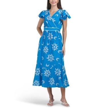 TJ Maxx Evelyn Flutter Sleeve Wrap Style Maxi Dress For Cotton - Blue