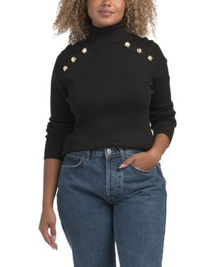 TJ Maxx Hammered Button Turtleneck Sweater, Polyester/Rayon - Black