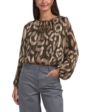 TJ Maxx Abstract Long Sleeve Tie Neck Bubble Hem Top For Polyester - Brown