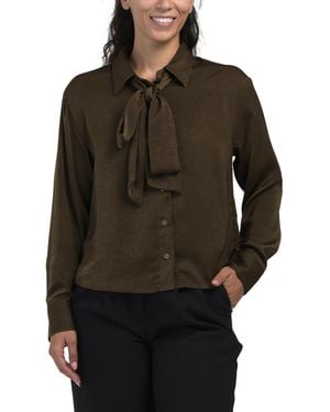 TJ Maxx Crushed Satin Tie Neck Long Sleeve Shirt For Polyester - Black