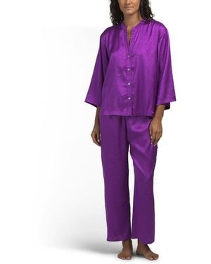 TJ Maxx 2Pc Wilderness Animal Print Satin Button Down Pajama Top And Pants Set For Spandex/Polyester - Purple