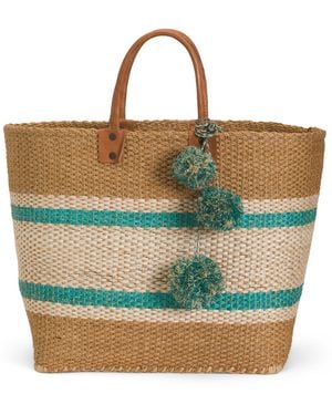 TJ Maxx Handmade Large Cyprus Woven Basket Tote With Leather Handles For - Green