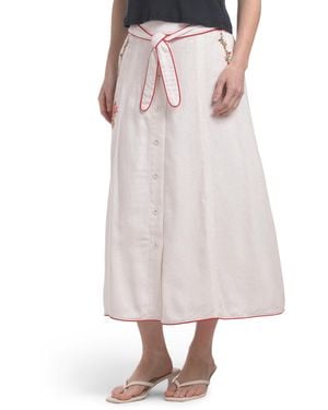TJ Maxx Linen Blend Embroidered Flared Skirt Fully Lined With Tie Detail, Cotton/Polyester/Linen - White