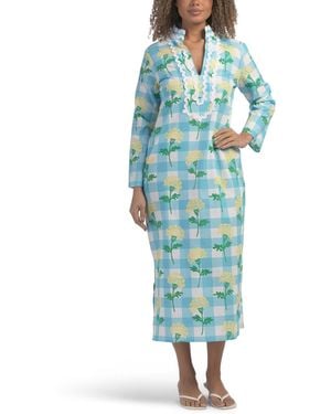 TJ Maxx Long Sleeve Gingham Floral Print Classic Caftan Dress For Cotton - Blue