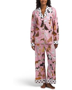 TJ Maxx 2Pc Dog Print Pajama Top And Pants Set With Polka Dot Contrast For Cotton - Red
