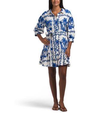 TJ Maxx Linen Blend Belted Mini Shirt Dress For Linen/Viscose - Blue