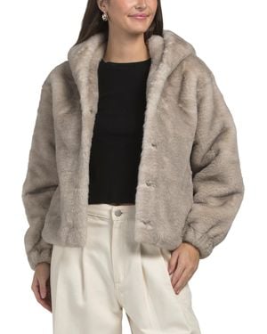 TJ Maxx Long Sleeve Hidden Snap Closure Short Faux Fur Jacket With Hood, Polyester - Gray