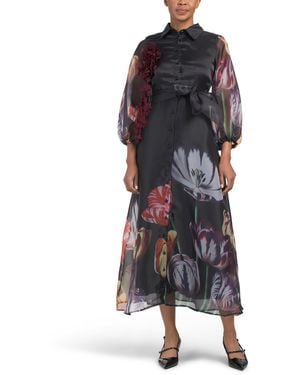 TJ Maxx Long Sleeve Placed Floral Maxi Dress With 3D Embellishment For Spandex/Polyester - Black