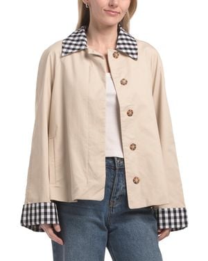 TJ Maxx Cropped Trench Jacket With Hidden Placket And Gingham Collar For Cotton/Polyester - Natural