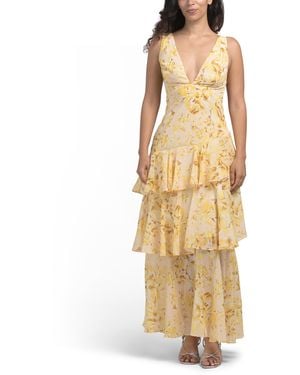 TJ Maxx Veda Strappy Back Floral Ruffle Midi Dress For Polyester - Metallic