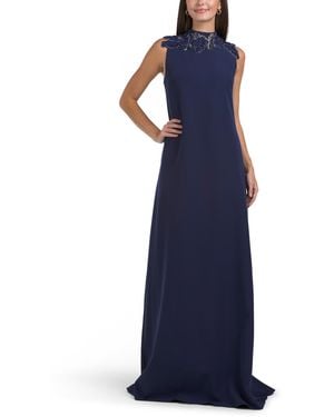 TJ Maxx Sleeveless Mock Neck Gown With Floral Applique For Polyester - Blue