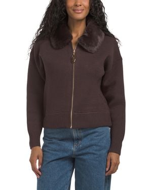 TJ Maxx Long Sleeve Full Zip Sweater With Removable Faux Fur Collar, Nylon/Spandex/Polyester - Brown
