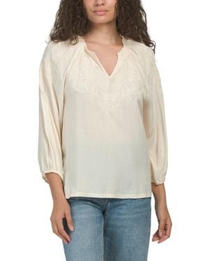 TJ Maxx Split Neck Three-Quarter Sleeve With Embroidered Yoke Top For Rayon - White