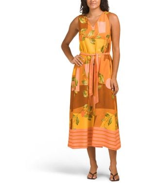 TJ Maxx Linen Blend Sleeveless Floral Striped Belted Maxi Dress For Linen/Viscose - Orange