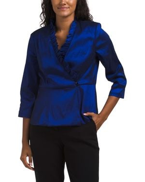 TJ Maxx Three-Quarter Sleeve Stretch Taffeta Blouse With Ruffle Neck For Nylon/Spandex/Polyester - Blue