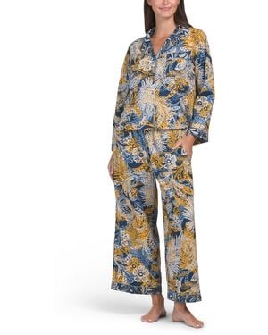 TJ Maxx 2Pc Mixed Print Long Sleeve Notch Collar Pajama Top And Shorts Set For Cotton - Blue