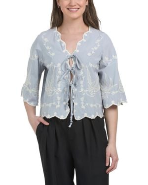TJ Maxx Embroidered Tie Blouse For Cotton/Rayon - Gray