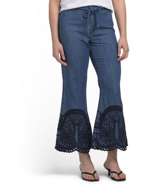 TJ Maxx Tie Front Embroidered Hem Pants For Cotton - Blue