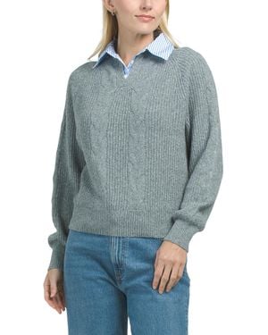TJ Maxx Long Sleeve Cable Knit Poplin 2Fer Pull Over Sweater, Spandex/Polyester - Blue