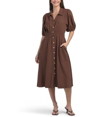 TJ Maxx Linen Blend Smocked Waist Puff Sleeve Shirt Dress For Linen/Rayon - Brown