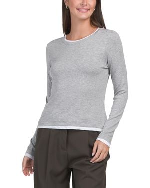 TJ Maxx Pima Cotton Blend Long Sleeve Double Layer Crew Neck Top For Spandex/Pima Cotton/Modal - Gray