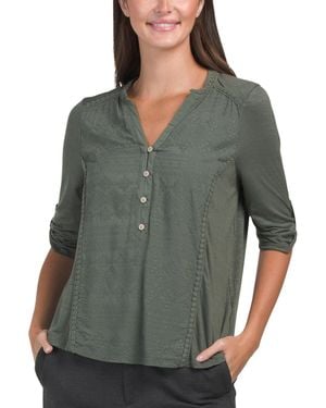 TJ Maxx Mixed Media Roll Tab Top With Aztec Embroidery For Spandex/Rayon - Green