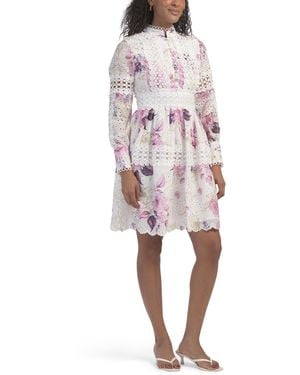 TJ Maxx Long Sleeve Floral Eyelet Lace Trim Mini Dress For Spandex/Polyester - Pink