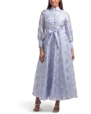 TJ Maxx Long Sleeve Floral Embroidered Button Front Maxi Dress For Spandex/Polyester - Blue
