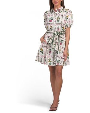 TJ Maxx Puff Sleeve Floral Seed Packet Print Mini Dress For Cotton - White