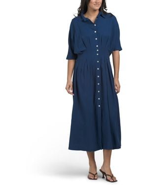 TJ Maxx Linen Blend Pintuck Waist Shirt Dress For Linen/Rayon - Blue