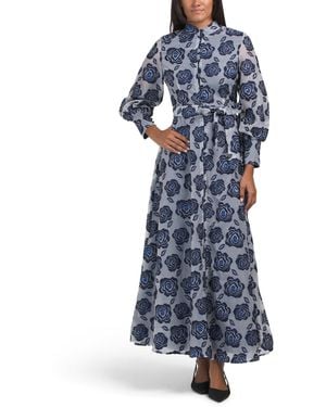 TJ Maxx Long Sleeve Floral Embroidered Maxi Dress With Buttons For Spandex/Polyester - Blue